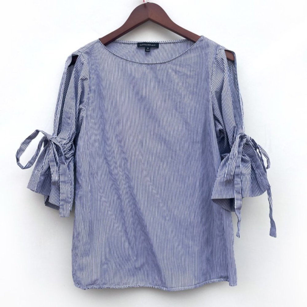 BR Blue Stripe 3/4 Sleeve Boat Betau Neck Bell Sleeve Cotton Tie-cuff Bow Top